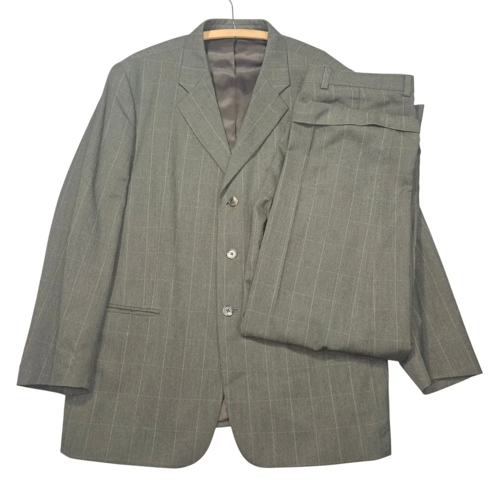 VTG Perry Ellis Windowpane Check 2pc Suit Blazer Pleated Pants Grey Sz 46 XXL